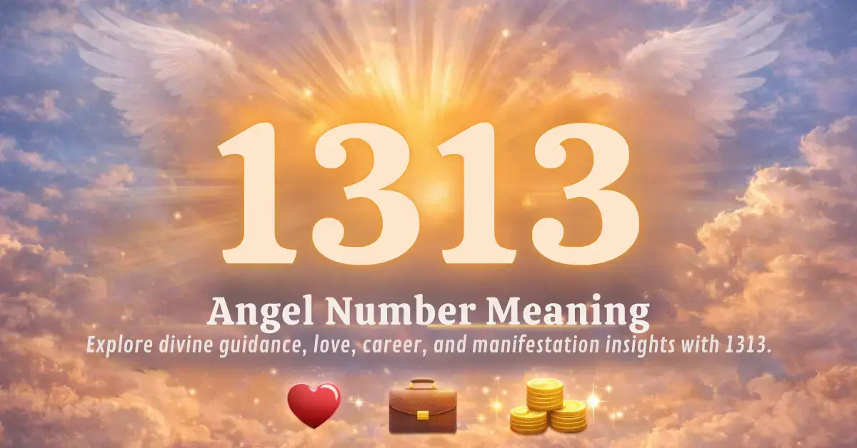 1313 Angel Number Meaning feature image with golden halo and angel wings, showing guidance in love, career, money, and spiritual growth. Includes icons for heart, career chart, money bag with coins, and golden lotus on a dreamy, cosmic background.
