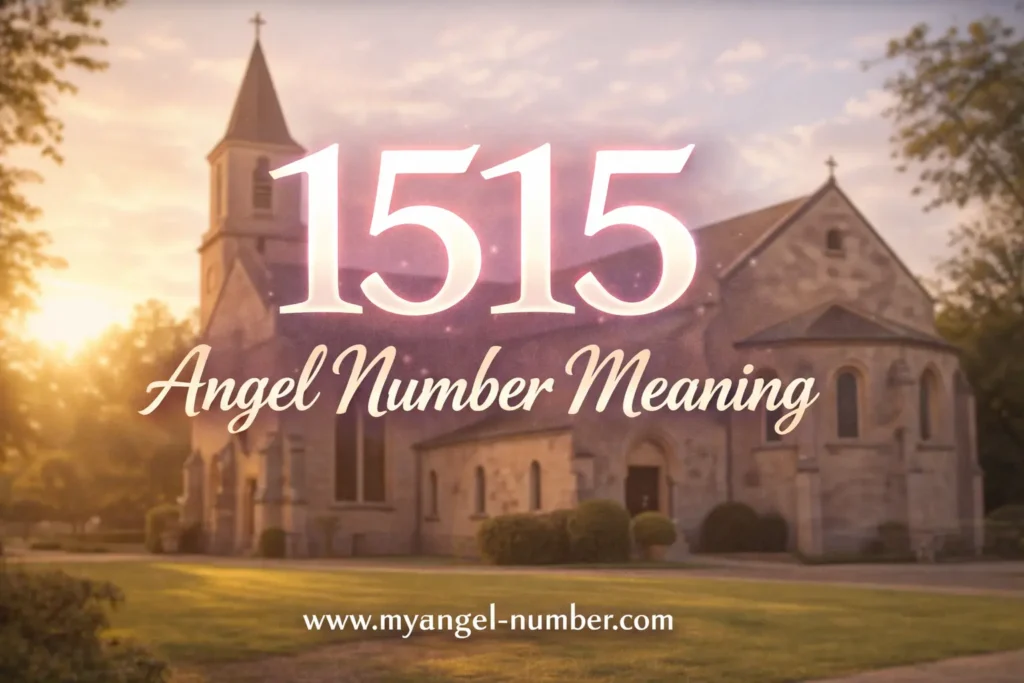 1515 angel number meaning shown over a peaceful church background at sunset
