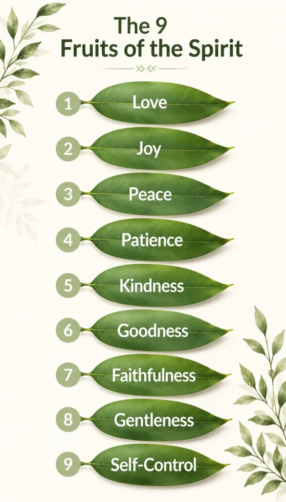 Infographic titled “The 9 Fruits of the Spirit” featuring nine green leaves arranged vertically on a cream background with botanical accents. Each leaf displays one fruit of the Spirit in order: Love, Joy, Peace, Patience, Kindness, Goodness, Faithfulness, Gentleness, and Self-Control. Clean, modern design with soft green tones and minimalist botanical styling.